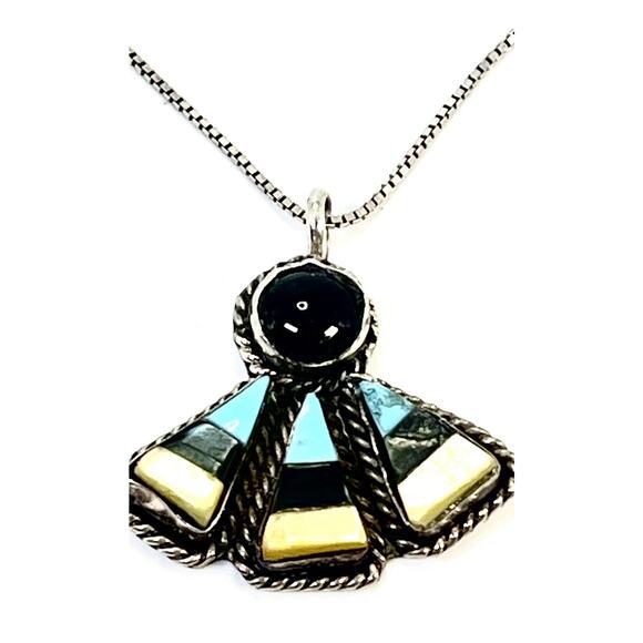 Vintage Navajo Sterling Silver Turquoise Onyx & Coral Pendant Necklace - 19” - Picture 13 of 16